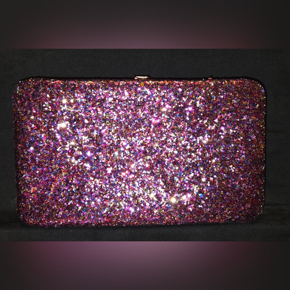 Glitter-Covered Clutch Hard Case Wallet Blk/Wh Polka Dots inside 7.75x4.5x1.5"